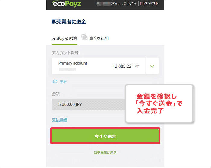 ecoPayzにログインして最終確認