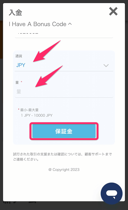リンクスベット　入金額の入力