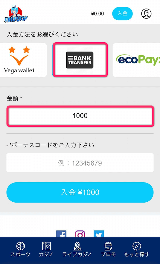 賭けっこリンリン 銀行送金