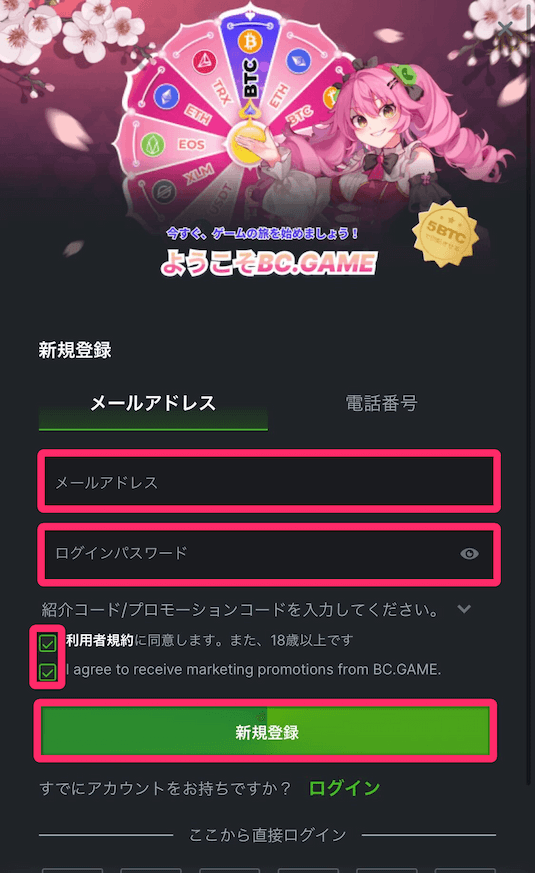 BCゲーム　基本情報の入力