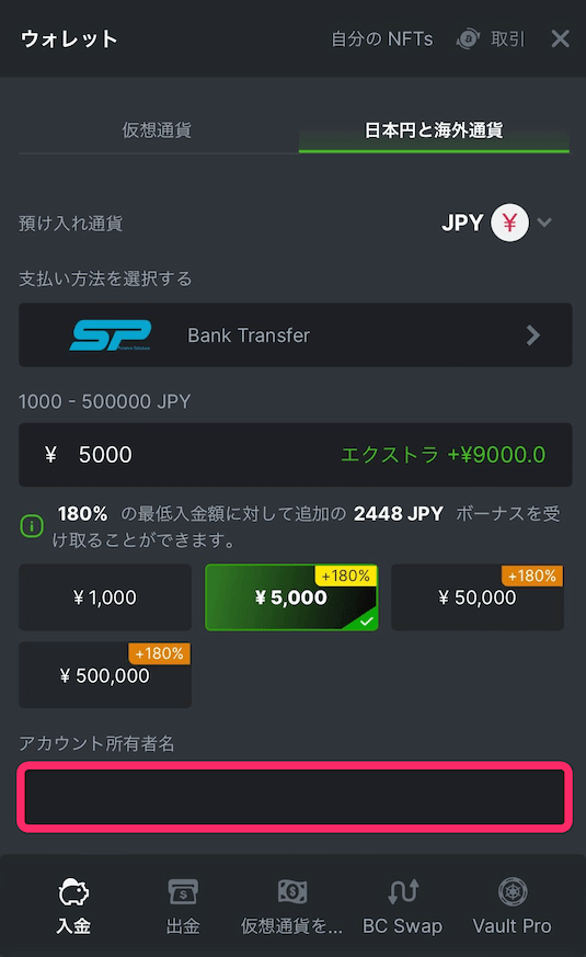 BCゲーム　入金情報を入力